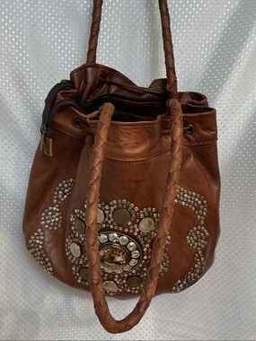 Braided-Handle Brown Studded Shoulder Bag